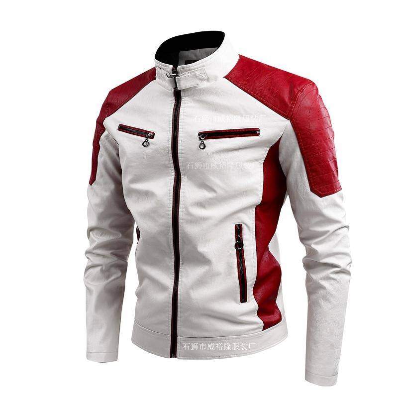 Lederjacke mit farbigem Stehkragen PU-Leder-Motorradjacke Frühling und Herbst Dünne lässige Lederjacke Herren 5XL von Joom DACH
