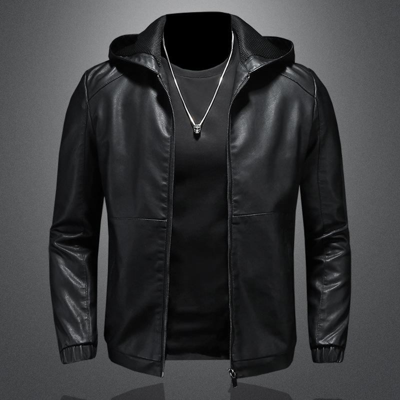 Ledermantel Herren Herbst und Winter Neue Casual Kapuzenjacke Hübsche Motorradbekleidung Schwarz Schmal geschnittener Herrenbekleidungsmantel 5XL von Joom DACH