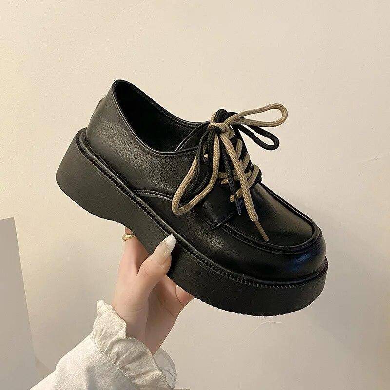 Lederschuhe im britischen Stil für Damen, Frühling, Retro, dicke Unterseite, Schnürschuhe, runder Kopf, Mary Jane-Schuhe, Chaussures Femmes 37 von Joom DACH