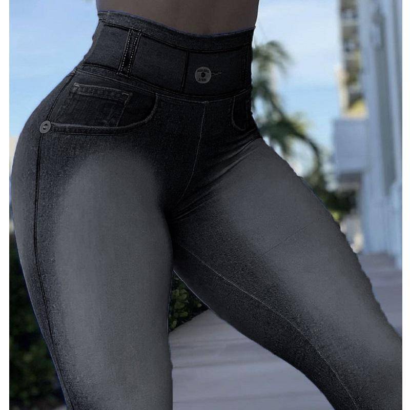Leggings mit hoher Taille für Damen, Denim-Jeans, Stretch-Bleistifthose, schlanke Sport-Yoga-Leggings XL schwarz von Joom DACH