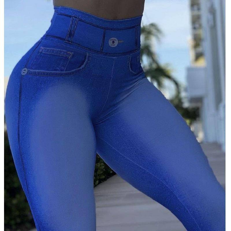 Leggings mit hoher Taille für Damen, Denim-Jeans, Stretch-Bleistifthose, schlanke Sport-Yoga-Leggings XXL navy blau von Joom DACH