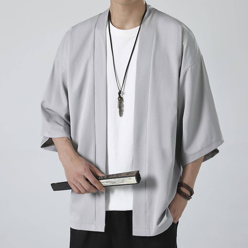 Leichte Kimonos für Herren, traditionelle japanische Kleidung, offener Cardigan-Umhang, Jacke, Mantel, Schwarz XL grau von Joom DACH