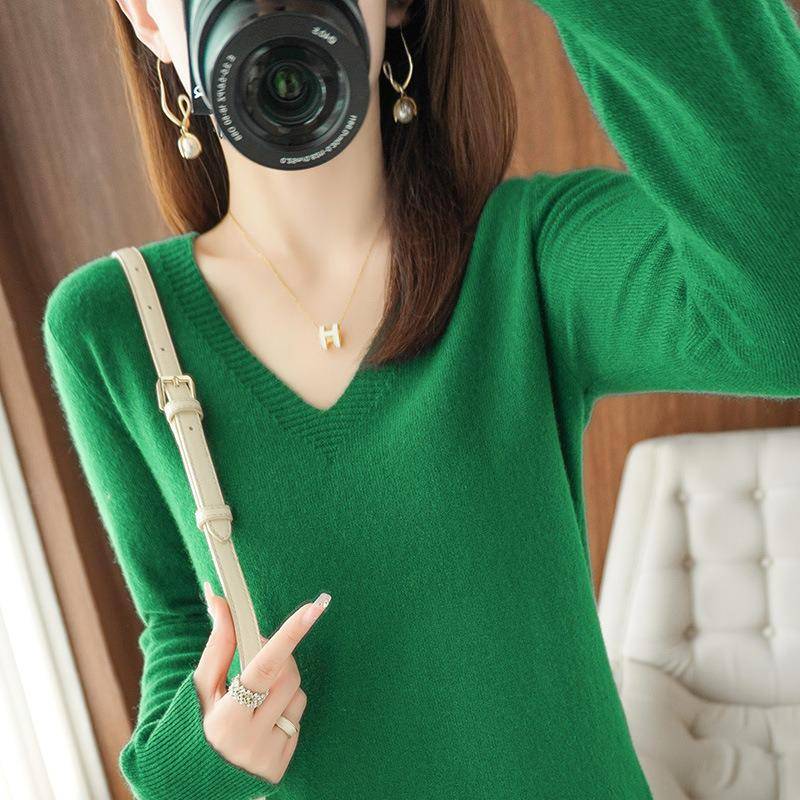 Leichter Strickpullover mit V-Ausschnitt und langen Ärmeln für Damen – neuer Frühlings-/Herbststil, Pullover in Volltonfarbe. XXL smaragdgrün von Joom DACH