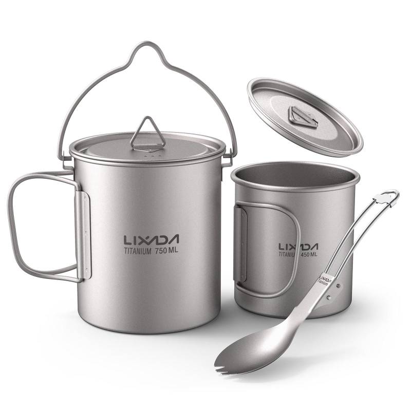 Leichtes 3-teiliges Set aus Titan, 750 ml Topf, 450 ml Wasserbecher, Becher mit Deckel, faltbar 750ML Pot & 420ML Cup & Spork von Joom DACH