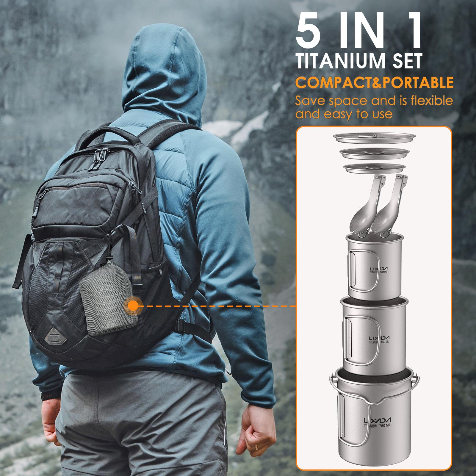 Leichtes Ti 5-teiliges Set Ti 750ml Topf 450ml und 350ml Wasserbecher mit Deckel Klappbarer Griff 750ml Pot & 450ml and 300ml Cup & Spork von Joom DACH