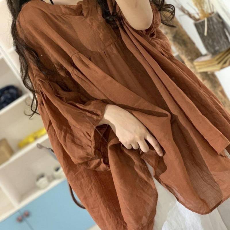 Leinen Fledermausärmel Ein-Knopf Lockerer Schnitt Sommer Sonnenschutz Modisch Retro Damenbluse XXXXL braun von Joom DACH