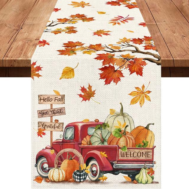 Leinen Herbst Tischläufer Orange Ahornblatt Herbst Tischläufer für Küchentisch Bauernhaus LKW Indoor Outdoor Home Party Dekor 150x33cm von Joom DACH