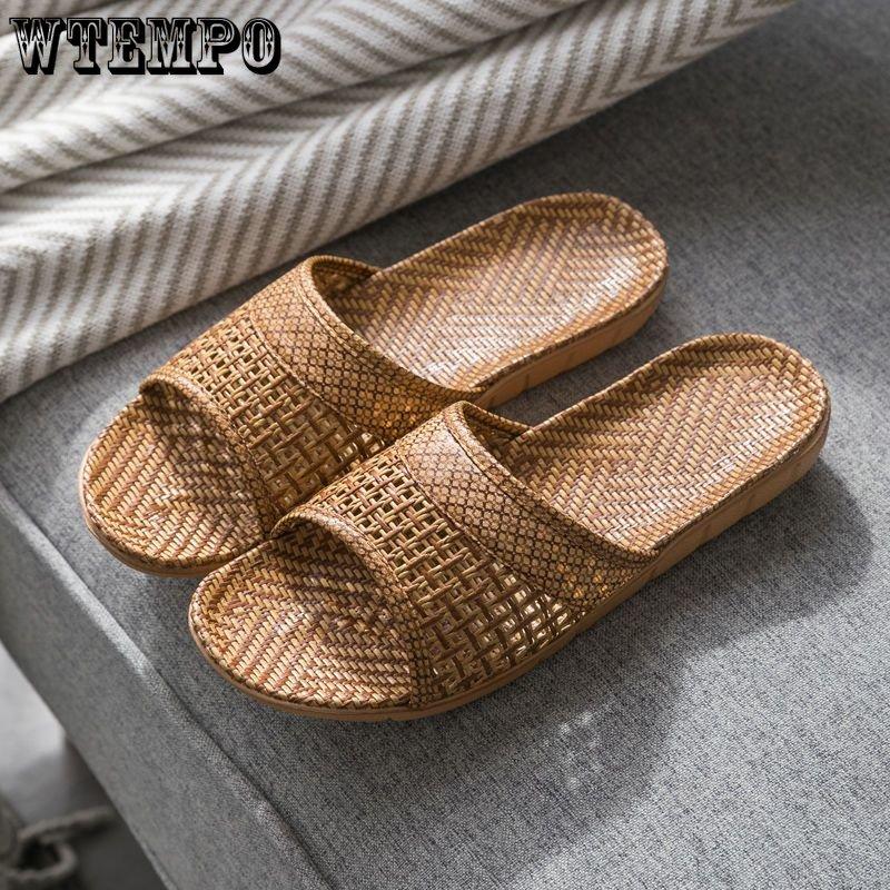 Leinengewebte Pantoletten für Damen, Outdoor-Schuhe, Sommer, rutschfeste Sandalen, weiche Unterseite, Rattangras, atmungsaktive Slipper, Outdoor-Strand-Flip-Flops 37-38 gold von Joom DACH