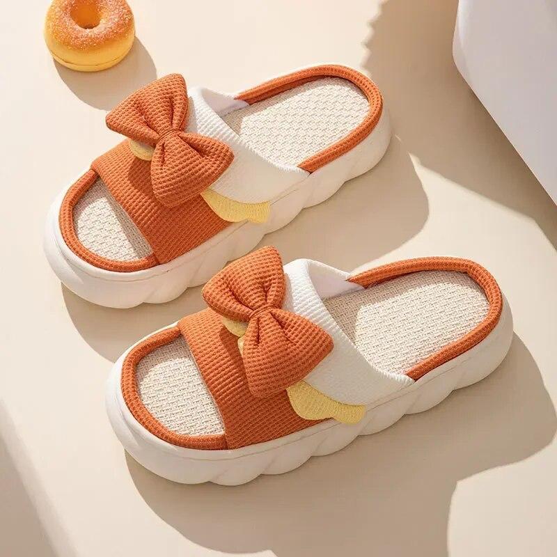 Leinenpantoffeln für Damen, bequeme rutschfeste Hausschuhe aus Baumwolle, süße flache Slipper mit Schleife, für Paare, Frühling und Sommer 40-41 orange von Joom DACH