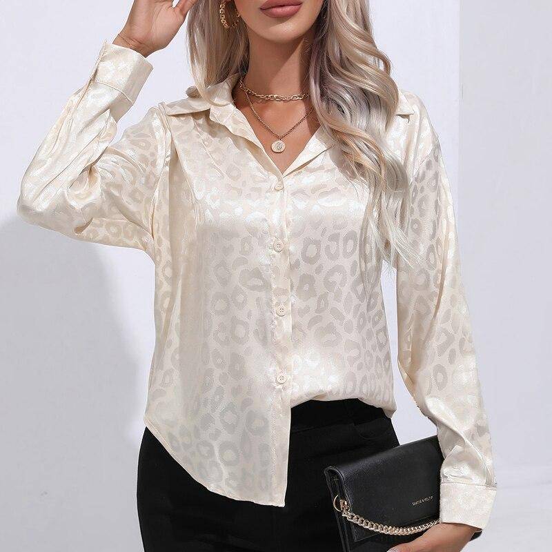 Leopard Print Lose Satin Bluse Frauen Mode Langarm Seide Casual Hemd Taste Elegante Büro Dame Tops Frauen Kleidung 26106 L champagner von Joom DACH