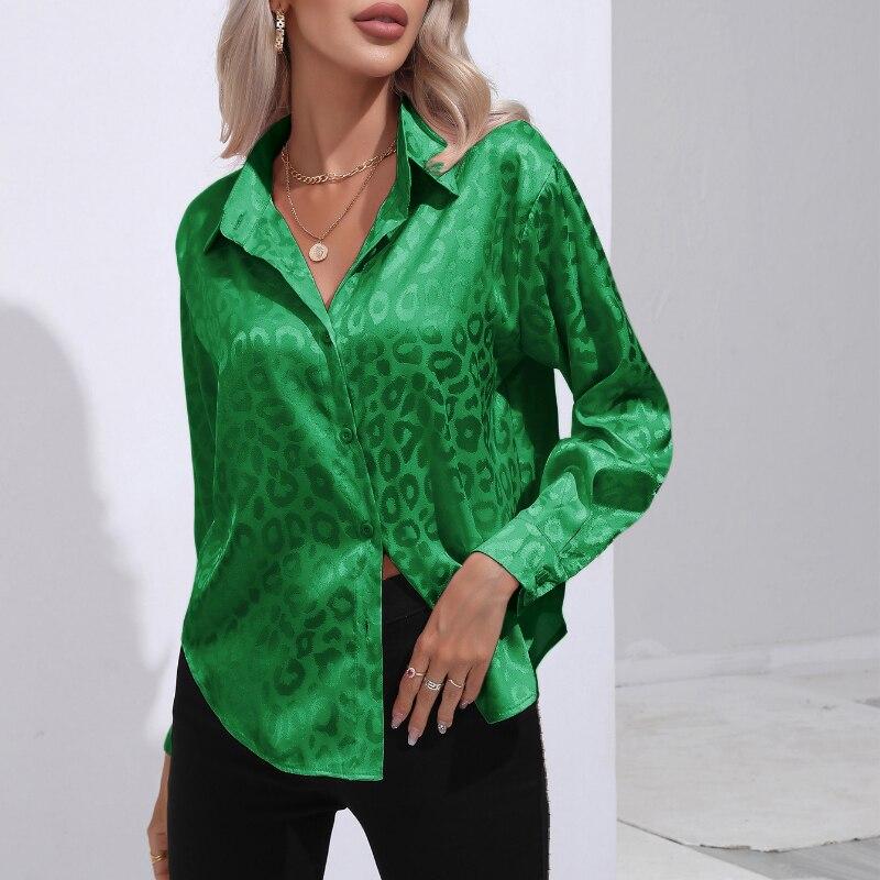 Leopard Print Lose Satin Bluse Frauen Mode Langarm Seide Casual Hemd Taste Elegante Büro Dame Tops Frauen Kleidung 26106 XXL grün von Joom DACH