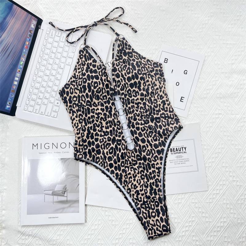 Leoparden-Metallringe, Neckholder, ausgeschnitten, Monokini, Damen-Bademode, einteiliger Badeanzug, weiblich, hoher Beinausschnitt, Badeanzug, Schwimmen M Leo-Print von Joom DACH