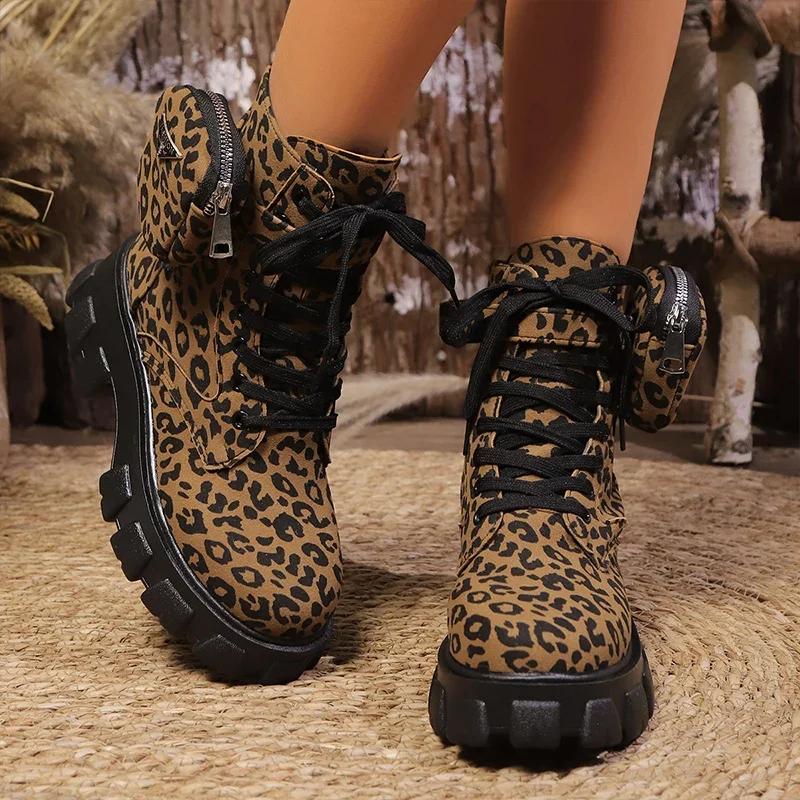 Leopardenmuster Chunky Heels Schuhe Damen Plateau Stiefeletten Casual Sneaker Winter Trend Designer Schnürstiefel Schnee Botas Mujer 36 von Joom DACH