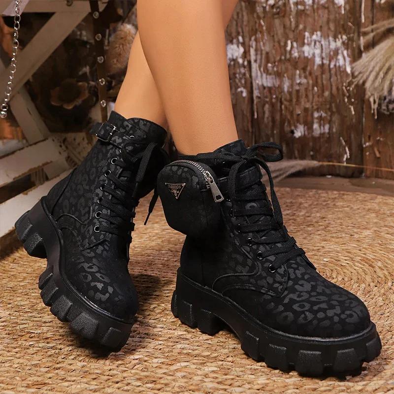 Leopardenmuster Chunky Heels Schuhe Damen Plateau Stiefeletten Casual Sneaker Winter Trend Designer Schnürstiefel Schnee Botas Mujer 40 von Joom DACH