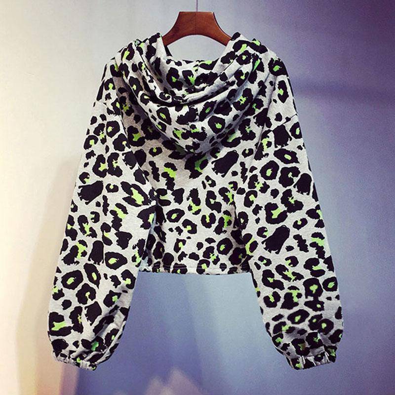 Leopardenmuster Langarm Kapuzenpullover Damen koreanischen Stil Kurzmantel lockeres Oberteil XL weiß von Joom DACH