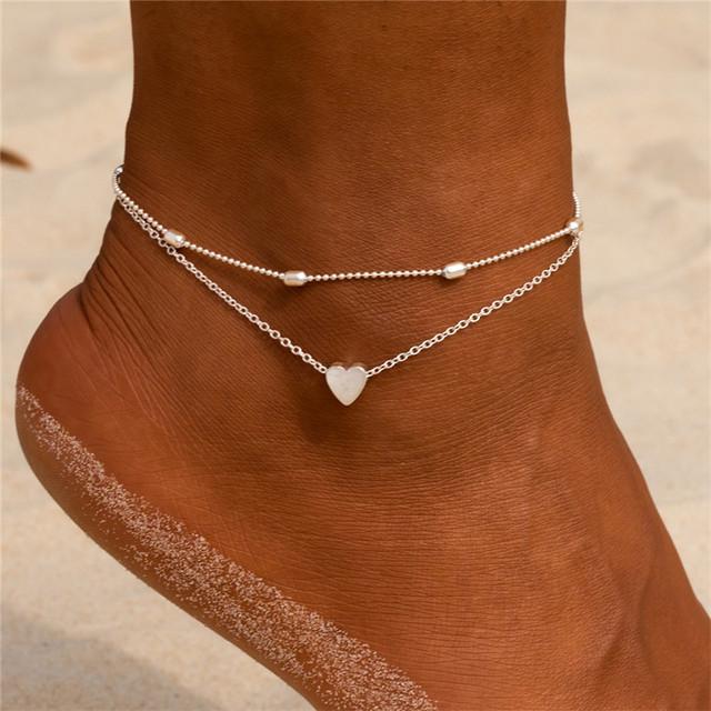 Letapi Neue Mode Silberfarbene Perlen Herz Fußkettchen Für Frauen Mädchen Gold Mehrlagige Fußkettchen Vintage Fußkettchen Strand Schmuck von Joom DACH