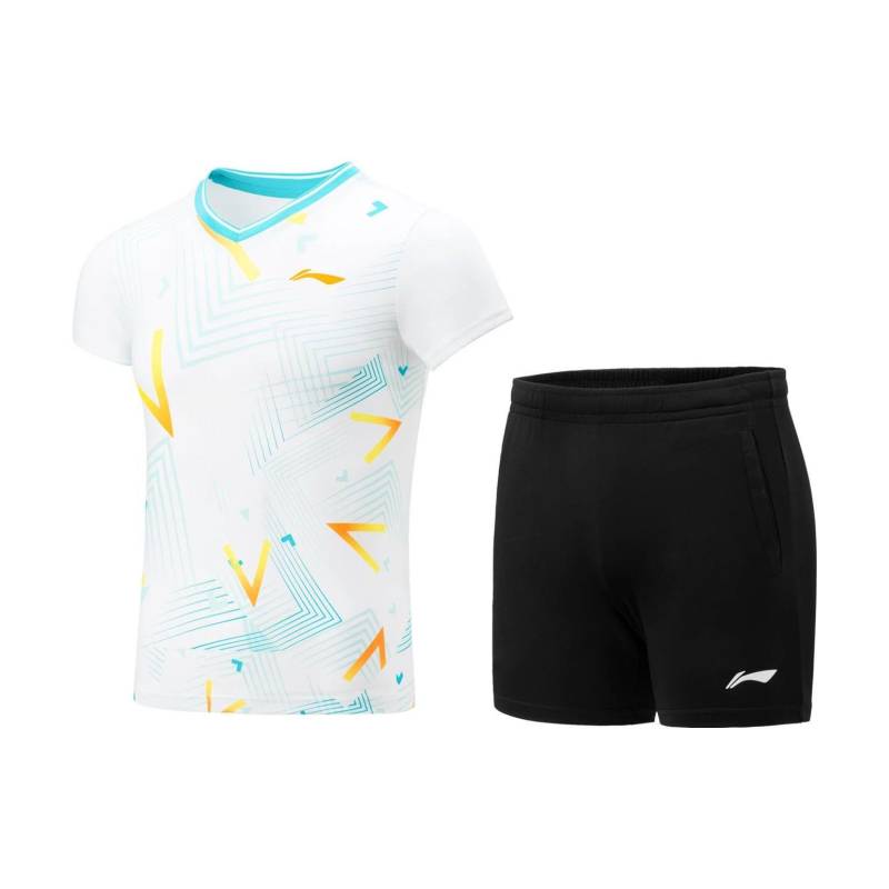 Li Ning Badminton Serie Allover Logo V-Ausschnitt Pullover Kurzarm T-Shirt und Shorts Sport Freizeit Set Damen Sets AATT040-1 XXL von Joom DACH