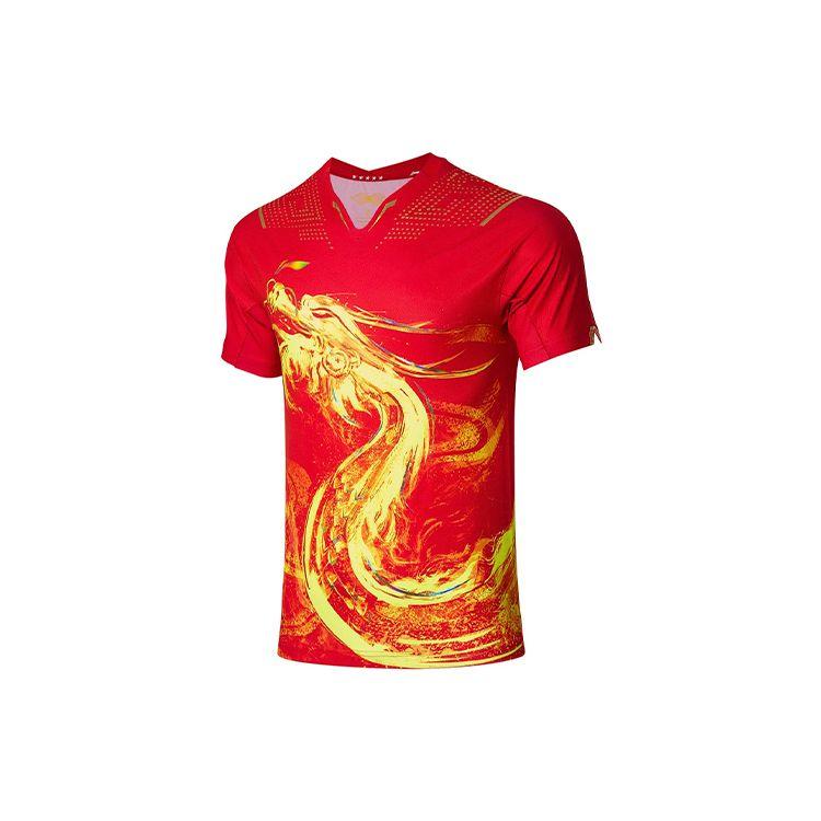 Li Ning Tischtennis Serie Drachen Totem Print Sport Kurzarm Regular T-Shirt Herren Tops Rot AAYR359-1 XL von Joom DACH