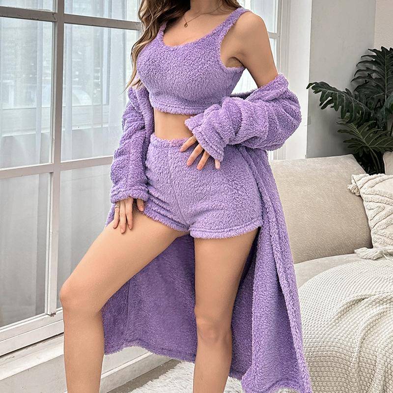 Lila Dreiteilige Sets Flanell Damen Pyjamas Herbst Winter Lange Ärmel Robe Weste Shorts Lässige warme Nachtwäsche Weicher Pyjama Pjs XL von Joom DACH