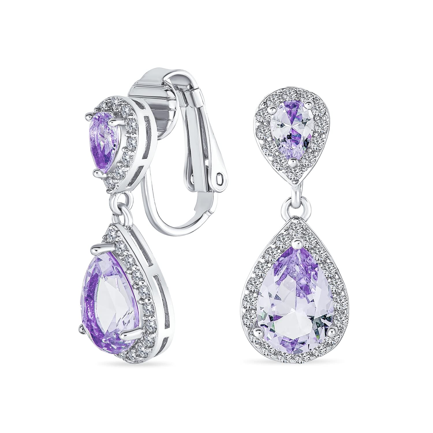 Lila Lavendel Teardrop CZ Hallo Prom Drop Statement Kronleuchter Clip Ohrringe Simulierte Amethyst Cubic Zirkonia Versilbertes Messing violett von Joom DACH