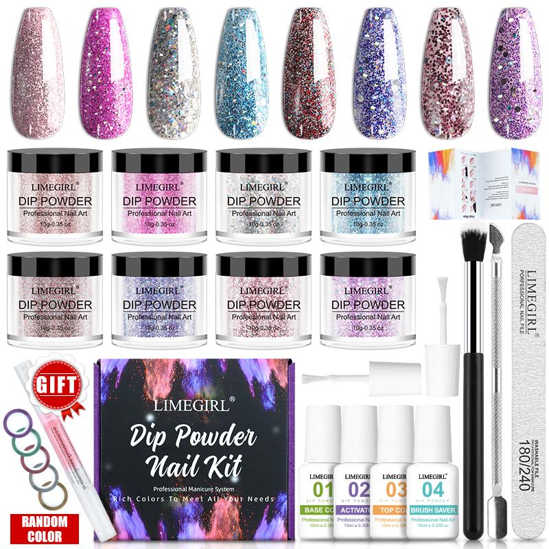 Limegirl Tauch-Nagelpulver-Set, keine Notwendigkeit, Lampe auszuhärten, Nagelfarbe, schillernder Glitzer, natürlicher trockener Tauchnagel-Dekorationssatz, französischer Nagel von Joom DACH