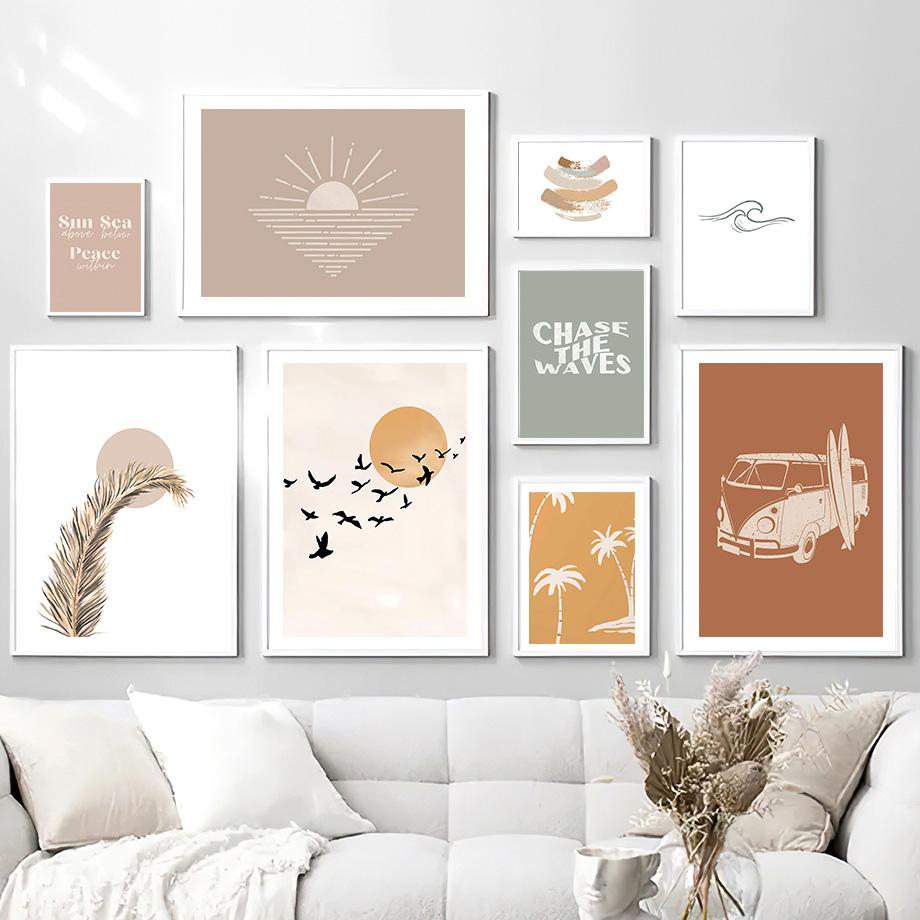 Linie Welle Strand Palme Surf Vogel Boho Poster und Drucke Leinwand Malerei Nordic Wand Kunst Bilder für Wohnzimmer Hause Decor 21X30cm No Frame von Joom DACH