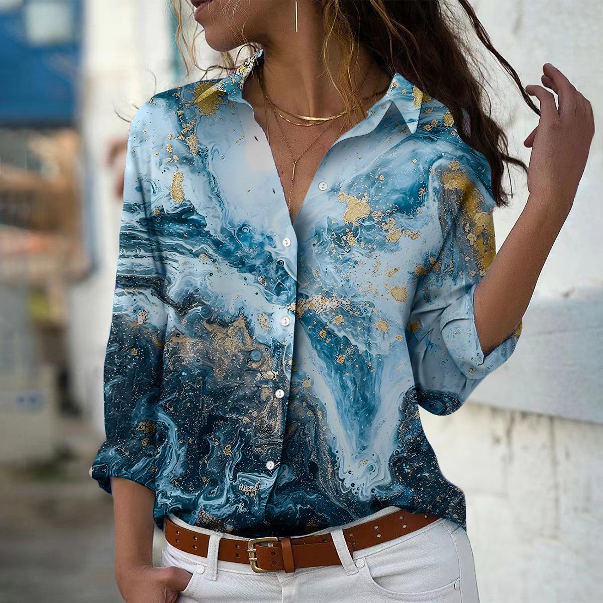 Linien Druck Frauen Bluse Frühling Herbst Femme Büro Dame Button Up Turn Down Kragen Shirts 3XL hellblaue von Joom DACH