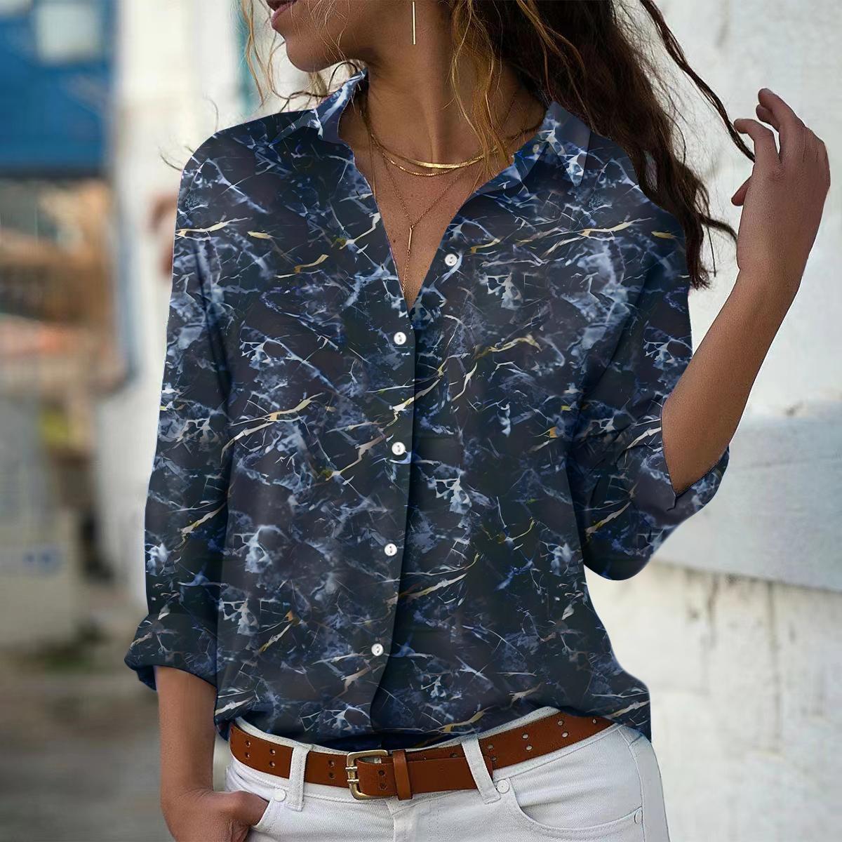 Linien Druck Frauen Bluse Frühling Herbst Femme Büro Dame Button Up Turn Down Kragen Shirts 4XL von Joom DACH