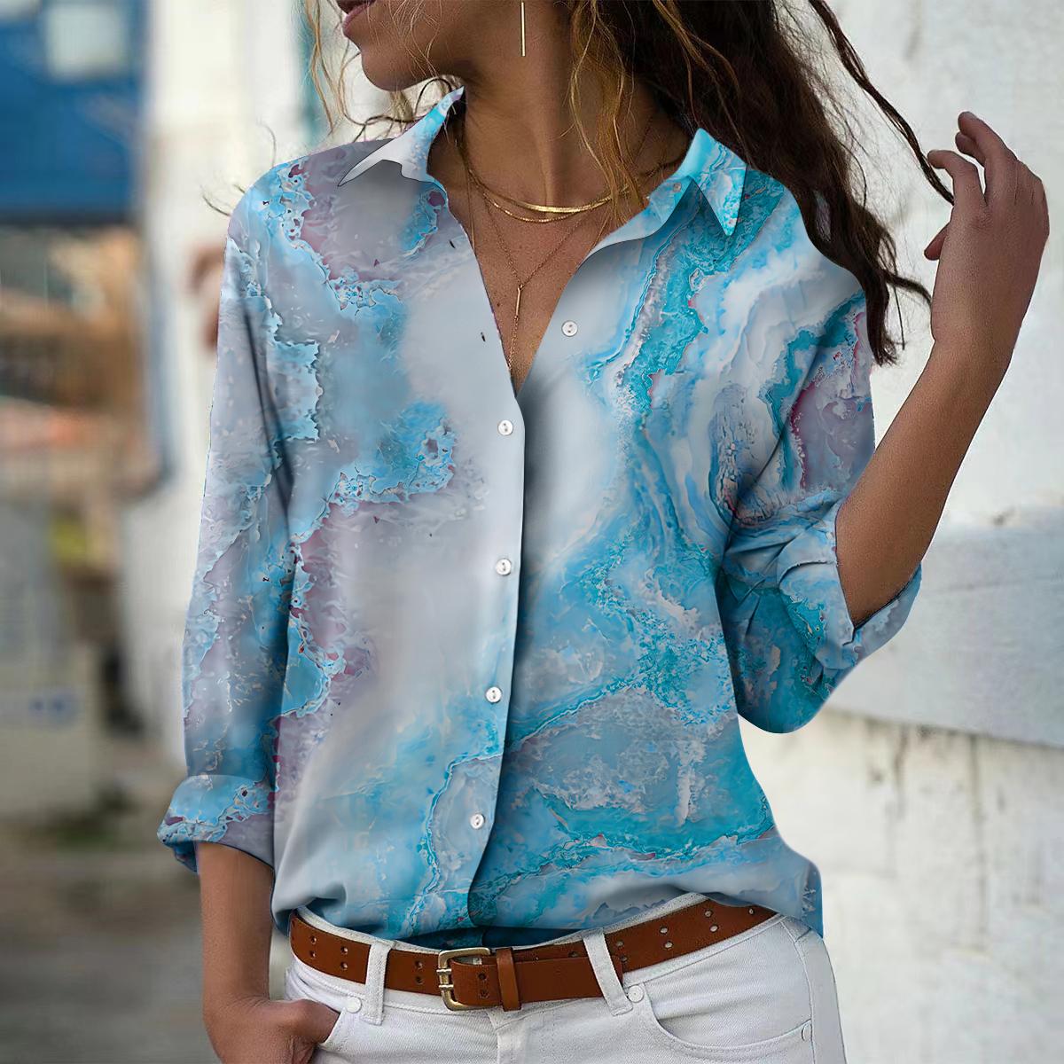 Linien Druck Frauen Bluse Frühling Herbst Femme Büro Dame Button Up Turn Down Kragen Shirts 4XL von Joom DACH