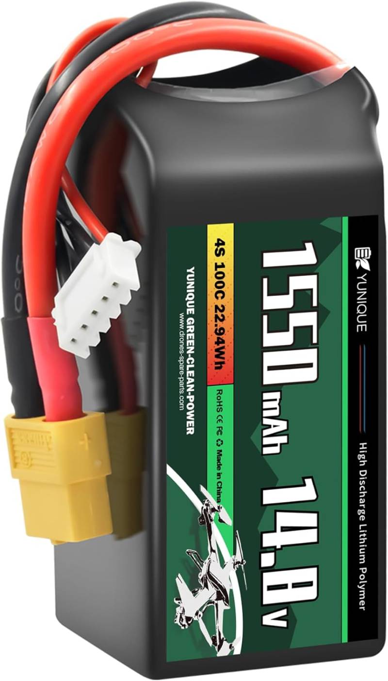 Lipo Akku 4S 14,8V 1550mAh 100C mit XT60 Stecker – Hohe Leistung für RC Modelle – Weiche Hülle, Silikonkabel schwarz von Joom DACH
