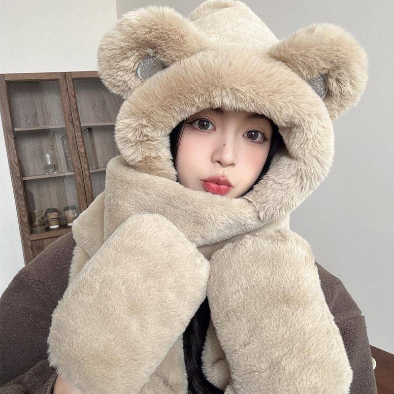 Little Bear Schal Handschuh Mütze Einteiliger Damen Winter Warmer und süßer Schal Kapuzenpullover Herbst und Winter Plüschmütze Set khaki von Joom DACH