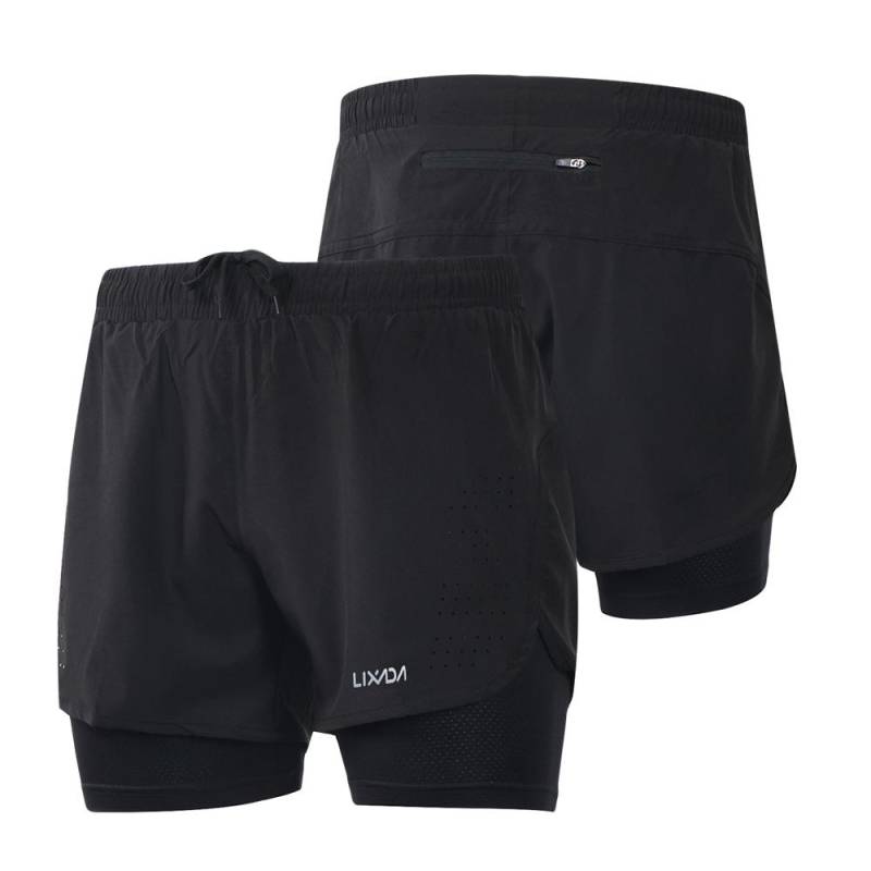 Lixada Herren 2-in-1-Laufshorts, schnell trocknend, atmungsaktiv, für aktives Training, Übung, Joggen, Radfahren, Shorts mit längerem Innenfutter L schwarz von Joom DACH