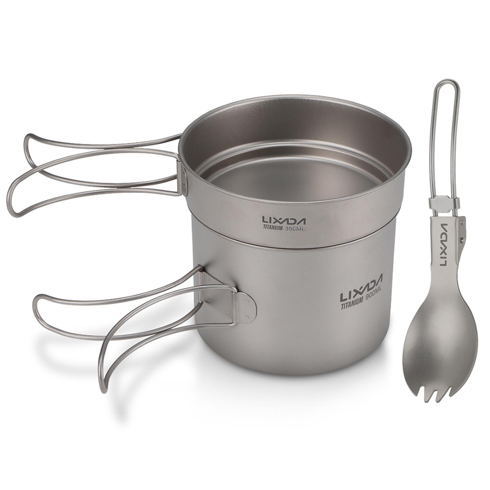 Lixada Ultraleichtes Titan-Kochset, Outdoor-Camping-Kochgeschirr-Set, 900 ml/1100 ml Topf 900ml pot & 350ml pan & spork von Joom DACH