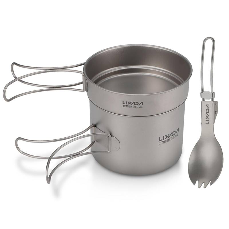 Lixada Ultraleichtes Titan-Kochset, Outdoor-Camping-Kochgeschirr-Set, 900 ml/1100 ml Topf 900ml pot & 350ml pan & spork von Joom DACH