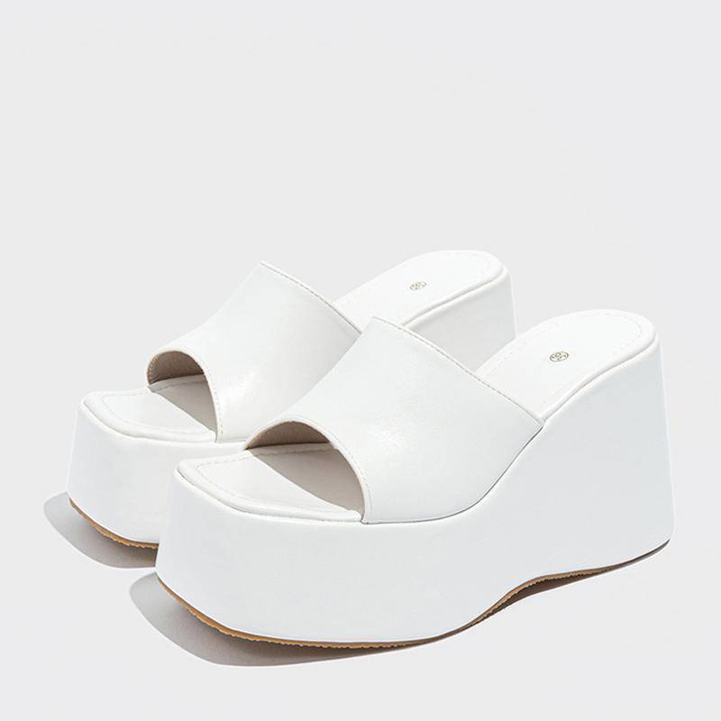 Liyke Designer Zehenfreie Keilabsatz-Slipper für Damen, gemütliche, weiche, rosa Leder-Plateausandalen, Damenschuhe, High Heels, Pantoletten 35 weiß von Joom DACH