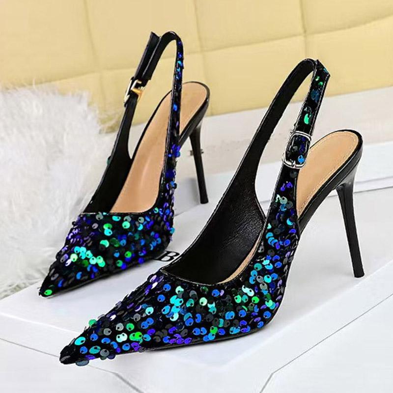 Liyke Fashion Gold Pailletten Knöchelriemen Damen Pumps Elegant Spitz Slingbacks Stiletto Hohe Absätze Hochzeit Abschlussball Schuhgröße 43 43 von Joom DACH