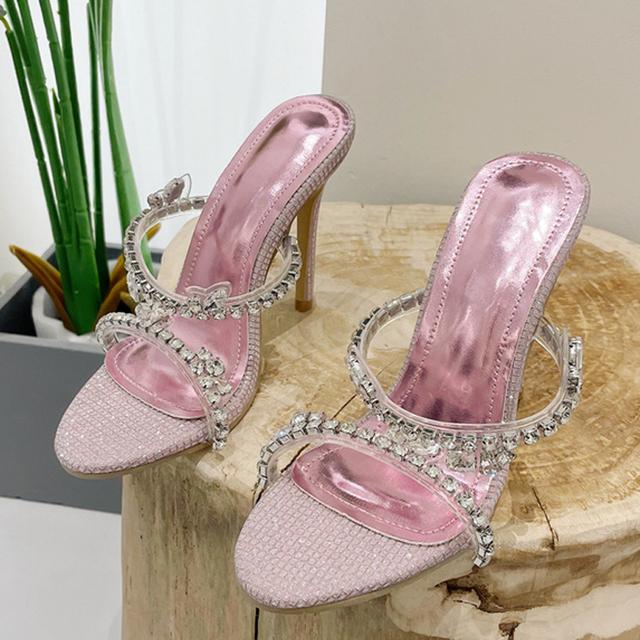 Liyke Mode PVC Transparent Schuhe Für Frauen Maultiere Strass Hausschuhe Sommer Party Hochzeit Kristall High Heels Goldene Sandalen 35 rosa von Joom DACH