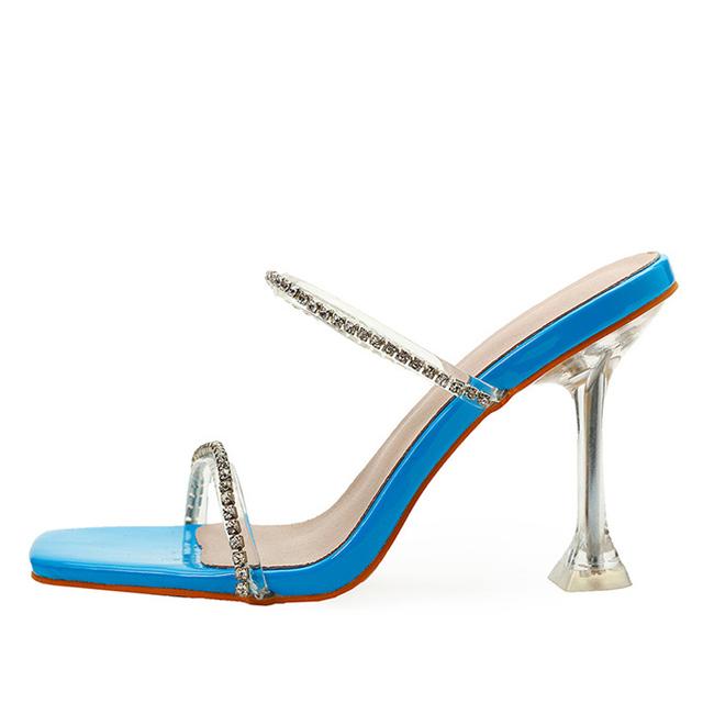 Liyke Modische Strass-Hausschuhe für Damen, Outdoor, PVC, transparent, seltsame High Heels, Sandalen mit offener Spitze, Party-Abendschuhe, Blau 38 blau von Joom DACH