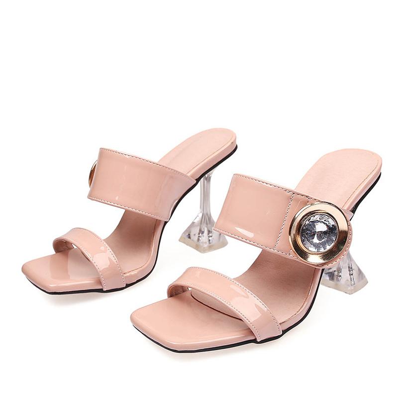 Liyke Neue Transparent Heels 9CM Hausschuhe Outdoor-Mode Metall Kristall Schnalle Designer Sandale Frauen Rutschen Party Kleid Schuh 34 apricot von Joom DACH