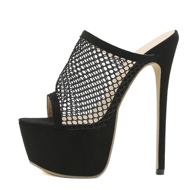 Liyke Peep Toe Plateau Heels Schwarze Mesh-Slipper Sommersandalen Modische Slipper Damen Pantoletten Party Stripper Schuhe 35 schwarz von Joom DACH