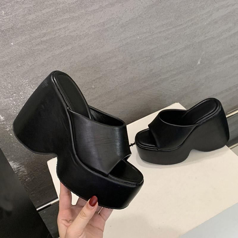 Liyke Sommer 13CM Super High Heels Wedges Pantoletten Damen Slides Weich Bequem Uni Leder Klobige Plateau Schuhe Damen Sandalen 40 schwarz von Joom DACH