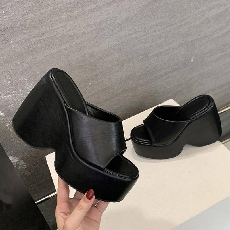 Liyke Sommer 13CM Super High Heels Wedges Pantoletten Damen Slides Weich Bequem Uni Leder Klobige Plateau Schuhe Damen Sandalen 40 schwarz von Joom DACH