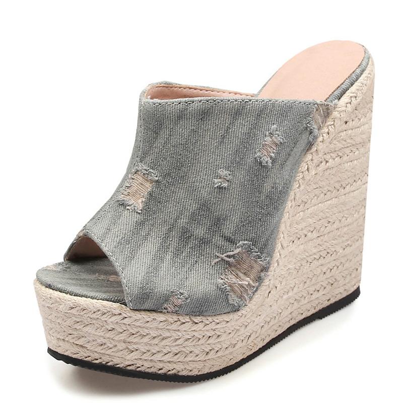 Liyke Sommer Blau Denim Damen Keilabsatz Plateau Pantoletten Mode Peeptoe Super High Mules Slides Schuhe Damen Sandalen Casual 34 baby blau von Joom DACH