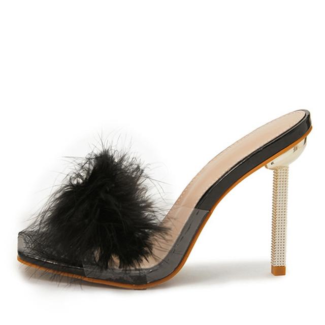 Liyke Sommer Square Toe Metall dünne High Heels Rosa Pelzigen Fell Hausschuhe Damen Sandalen Mode Flache Frauen Pantoletten Schuhe Slides 42 schwarz von Joom DACH