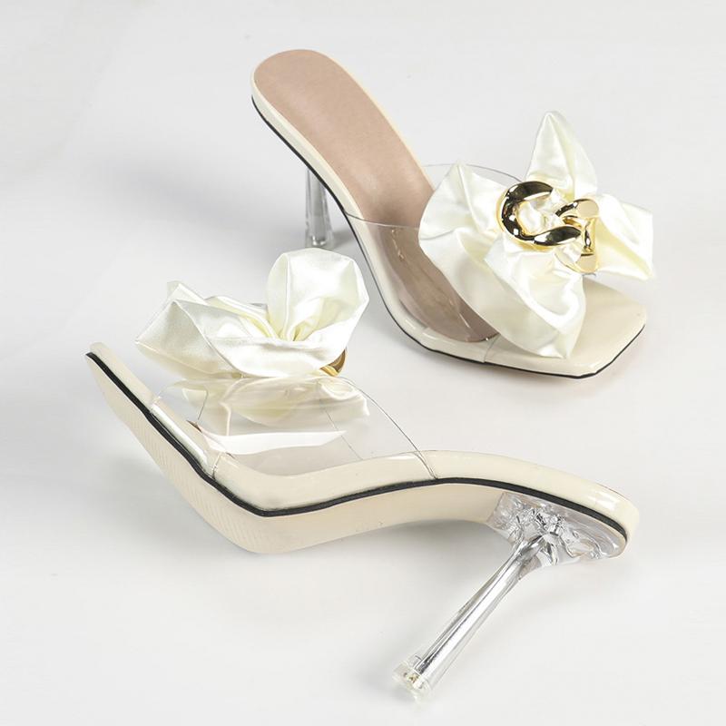 Liyke Sommermode Rosa Bowknot Frauen Hausschuhe Klare High Heels Maultiere Rutschen Weibliche Transparente Sandalen Party Bankett Schuhe 34 apricot von Joom DACH