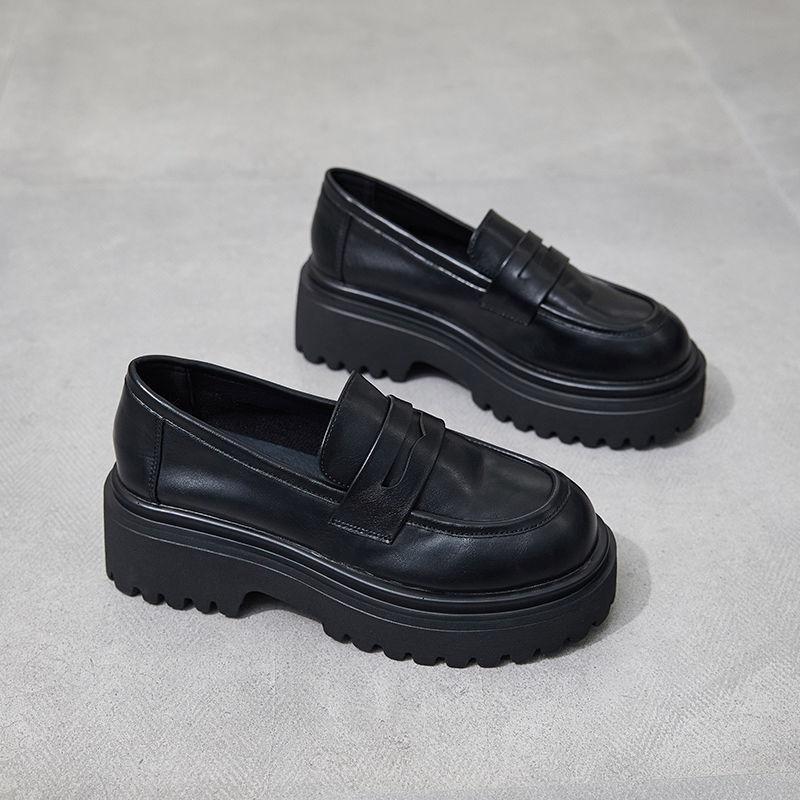 Loafers Damen Frühling und Herbst Neue Britische Stil Kleine Lederschuhe Lässig Runde Zehe Tiefe Mund Schwarz Plateau High Heel Pumps 40 schwarz von Joom DACH