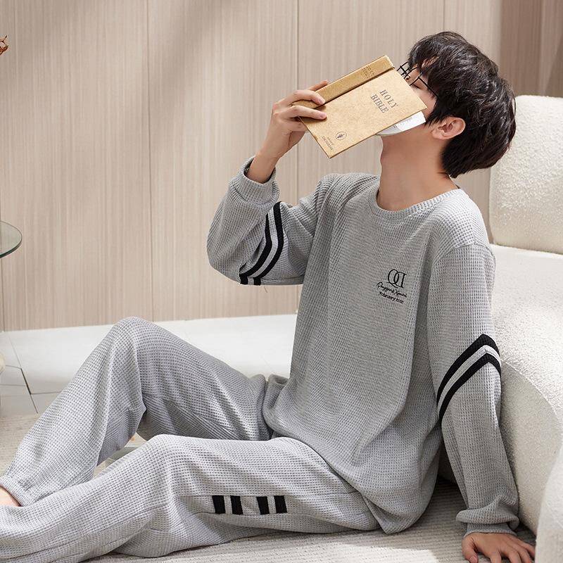 Locker sitzender Pyjama mit Waffelmuster für Herren – Langarm, reine Baumwolle, Größe L Men's L von Joom DACH