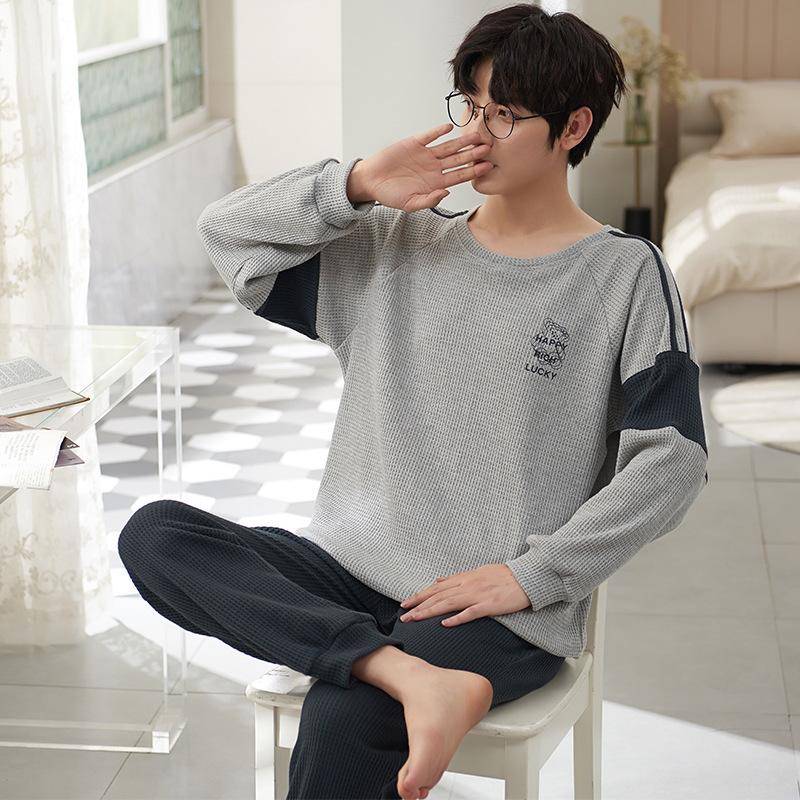 Locker sitzender Pyjama mit Waffelmuster für Herren – Langarm, reine Baumwolle, Größe L Men's L von Joom DACH