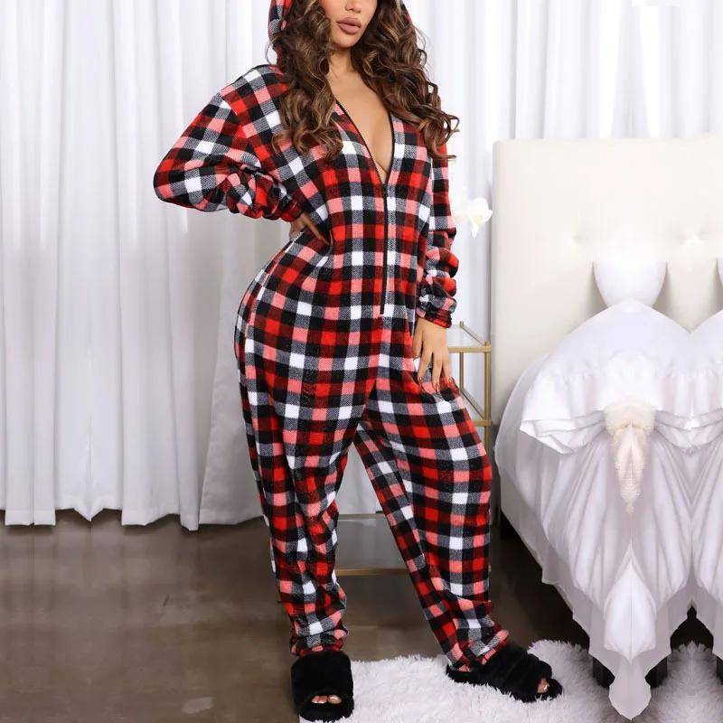 Lockere einteilige Nachtwäsche mit Kapuze für Damen, Flanell-Overall, Pyjama, Winter, verdickte, warme Homewear, lässige Loungewear, Nachtwäsche XL von Joom DACH