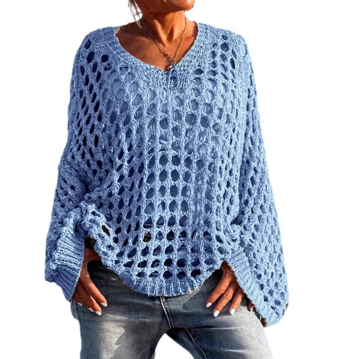 Lockerer, lässiger, vielseitiger, ausgehöhlter Langarm-Strickpullover in großer Größe für Damen, Sonnenhemd 5XL blau von Joom DACH